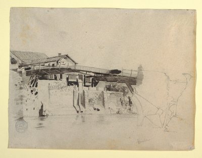 Piirustus, Näkymä Hondan sillasta ja taloista, Kolumbia, 1853. tekijältä Frederic Edwin Church