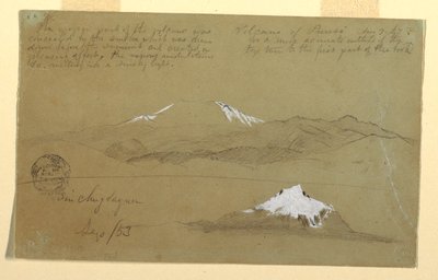 Piirustus, Näkymiä Puresé-tulivuoresta, Kolumbia ja Sincholaguan vuoresta, Ecuador, 9. elokuuta ja syyskuu 1853. tekijältä Frederic Edwin Church