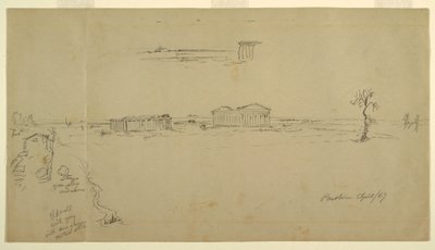 Piirros, Näkymiä Neptunuksen temppelistä ja basilikasta, Paestum, Italia, huhtikuu 1869. tekijältä Frederic Edwin Church