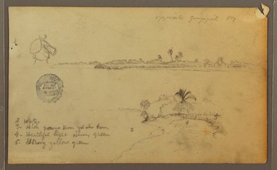 Piirros, Näkymiä Guayas-joen itärannalta, Guayaquilia vastapäätä, Ecuador, toukokuu 1857. tekijältä Frederic Edwin Church