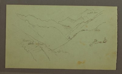 Piirros, kylä ja jyrkkä vuoristolaakso (Alpit), 1868-69 tekijältä Frederic Edwin Church