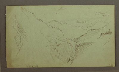 Piirros, kylä ja jyrkkä vuoristolaakso (Alpit), 1868-69 tekijältä Frederic Edwin Church