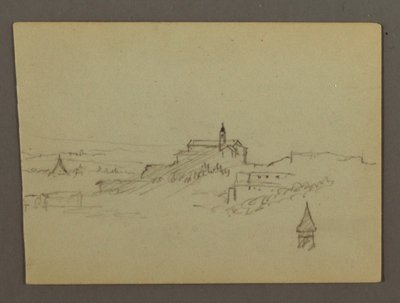 Piirros, Kylä mäen päällä, mahdollisesti 1868-69. tekijältä Frederic Edwin Church