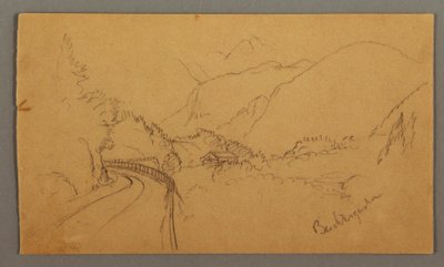 Piirros, mutkitteleva tie laakson läpi, talo, mahdollisesti 1868 tekijältä Frederic Edwin Church