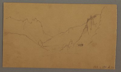 Piirros, mutkitteleva tie laakson läpi, talo, mahdollisesti 1868 tekijältä Frederic Edwin Church