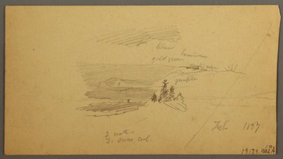 Piirros, metsäinen kukkulan laakso, mäkinen laakso, aurinko, tammikuu 1866. tekijältä Frederic Edwin Church