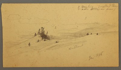 Piirros, metsäinen kukkulan laakso, mäkinen laakso, aurinko, tammikuu 1866. tekijältä Frederic Edwin Church
