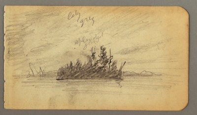 Piirros, metsäinen saari, mahdollisesti 1878 tekijältä Frederic Edwin Church