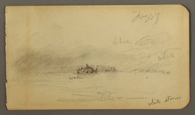 Piirros, Metsäinen ranta sumussa, mahdollisesti 1878 tekijältä Frederic Edwin Church