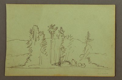 Piirros, Järven metsäinen ranta, mahdollisesti 1856 tekijältä Frederic Edwin Church