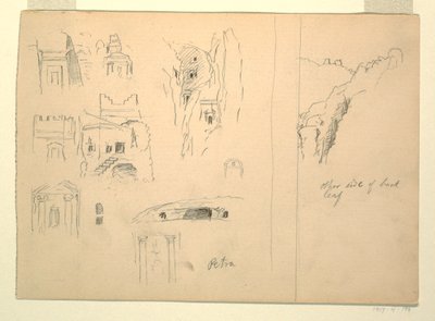 Deu estudis de tombes i una vista de roques, Petra, Jordanfinnish tekijältä Frederic Edwin Church