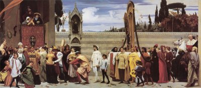 Cimabuen kuuluisaa Madonnaa kuljetetaan kulkueessa Firenzen kaduilla". tekijältä Frederic Leighton
