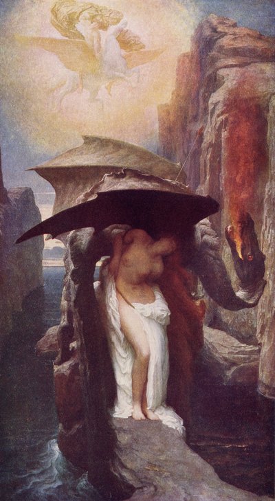 Perseus ja Andromeda, kuvitus A. R. Hope Moncrieffin kirjasta "Classic Myth and Legend", julkaistu noin 1910 tekijältä Frederic Leighton