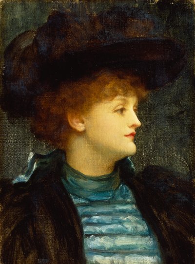 Naisen muotokuva turkoosissa mekossa, jossa on musta takki ja hattu (öljy kankaalle) tekijältä Frederic Leighton