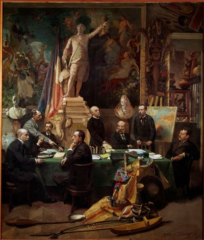 Siirtokuntien edustajat marraskuussa 1892 Vasemmalta oikealle: Chesse (Tahiti), Mager (Diego Suares), Dussac (Nossy-Be), de Faymoreau (Mayotte), Jules Ferry (Annam ja Tonkin), Soller (Ranskan Guinea) , Cudenet (Uusi-Kaledonia). Frederic Regamin maalaus tekijältä Frederic Regamey