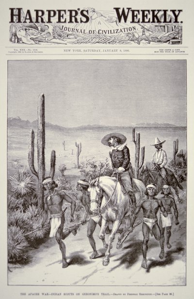 Apache Scouts johtaa armeijan partioa Geronimon (1829-1909) takaa-ajoon Harper
