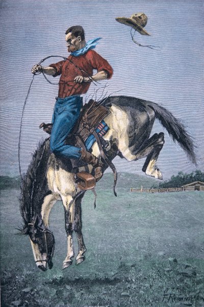 Bronco-Buster (värillinen kaiverrus) tekijältä Frederic Remington