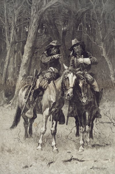 Cheyennen partiolaiset partioivat Pohjois-Kanadan Big Timberillä, Oklahomassa, 6. huhtikuuta tekijältä Frederic Remington