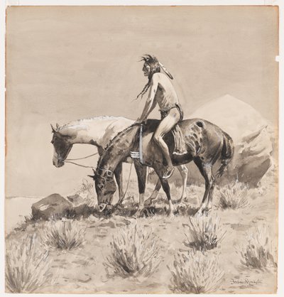 Pitkästä aikaa Hän seisoi, suunnittelu The Intialaisen tapa, luultavasti 1900 (mustepesu ja läpinäkymätön valkoinen paperilla) tekijältä Frederic Remington