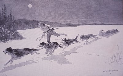 French Fur Trapper Kanadassa Husky-koirien kanssa jäätyneellä järvellä tekijältä Frederic Remington