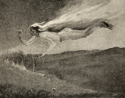Häikäisevät kuin Ishkoodah, komeetta, Kuin tähti, jolla on tulikuoret, Henry Wadsworth Longfellowin (1807-82) Hiawathan laulusta, pub. George G. Harrap und Company Ltd., 1911 tekijältä Frederic Remington