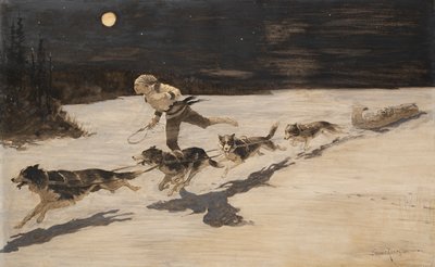 "Huskie"-koirat jäätyneellä moottoritiellä (Talking Musquash) tekijältä Frederic Remington