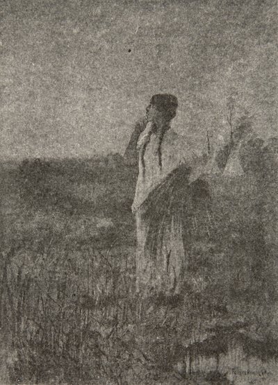 Kuten aave, joka kulkee auringonnousun aikaan, Hän näki neiton kävelemässä Henry Wadsworth Longfellowin (1807-82) pubista The Song of Hiawatha. George G. Harrap und Company Ltd., 1911 tekijältä Frederic Remington