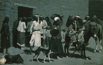 Pueblo Indian Village (naudanlihan jakelu San Carlos Agencyssä) n. 1889 tekijältä Frederic Remington