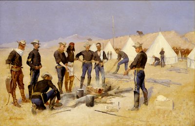 Joulupihvin paahtaminen ratsuväen leirissä tekijältä Frederic Remington