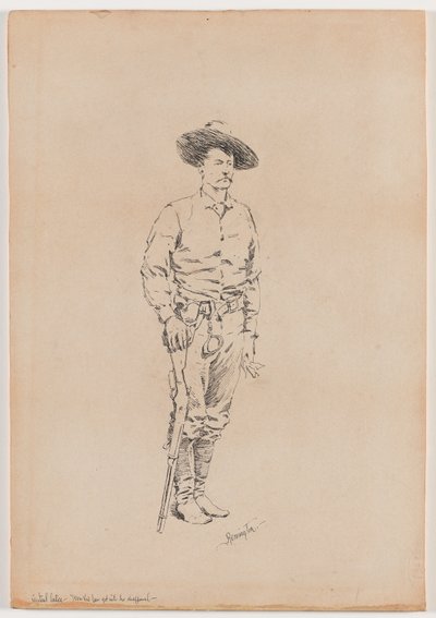 Luonnos Texas Rangerista "Kuinka laki Päästiin Chaparraliin" tekijältä Frederic Remington
