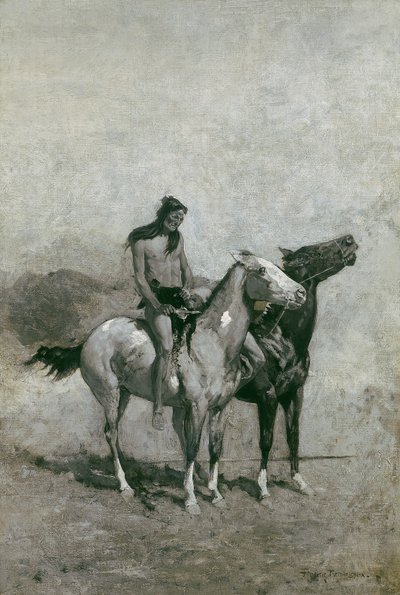 Tulisyöjä heitti uhrinsa poninsa yli, n. 1900 tekijältä Frederic Remington