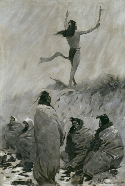 Tulisyöjä kohotti kätensä ukkoslintua kohti, noin 1900 tekijältä Frederic Remington