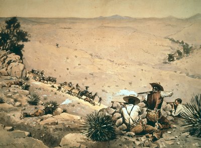 "The Hold Up", n. 1900 (öljy kankaalle) tekijältä Frederic Remington