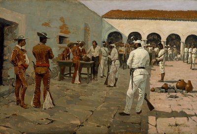 The Mier Expedition: The Drawing of the Black Bean (Prisoners Drawing their Beans) 1869 (öljy kankaalle) tekijältä Frederic Remington