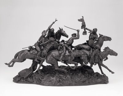 The Old Dragons of 1850, mallittu 1905, valettu 1905-09 (pronssi mustalla patinalla) tekijältä Frederic Remington