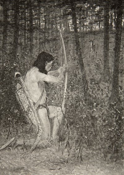 Sitten yhden polven kapinassa Hiawatha tähtäsi nuolen Henry Wadsworth Longfellowin (1807-82) pubista The Song of Hiawatha. George G. Harrap und Company Ltd., 1911 tekijältä Frederic Remington