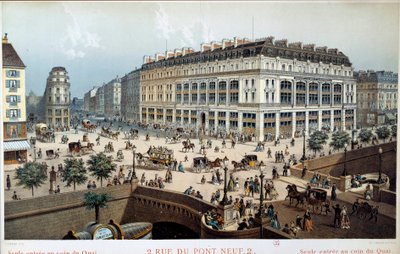 La Belle Jardiieren ulkonäkymä, rue du pont neuf Pariisissa 1800-luvulla. Kaiverrus Frederic Sorrieu (1807 -?) tekijältä Frederic Sorrieu