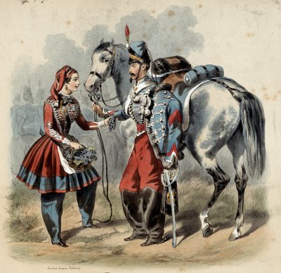 Ranskan armeija ja sen kantinierit: Hussard ja cantiniere de troupe de line. Kaiverrus Frederic Sorrieu (1807 -?) tekijältä Frederic Sorrieu