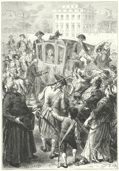 Ludvig XVI toi Pariisiin sen jälkeen, kun väkijoukko hyökkäsi Versaillesin palatsiin tekijältä Frederic Theodore (after) Lix