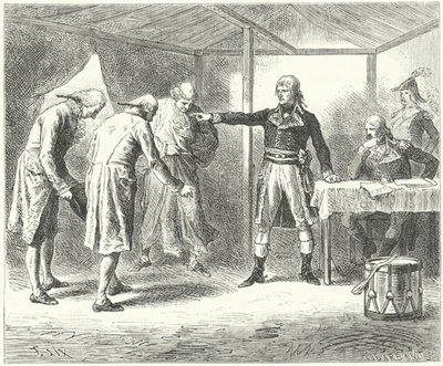 Napoleon erotti venetsialaisen valtuuskunnan ranskalaisten Venetsian ja Veronan joukkomurhien jälkeen tekijältä Frederic Theodore (after) Lix