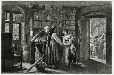 Kaysersbergin (tai Kaisersbergin Alsacen) kylän apteekissa hätäkonsultointi. F.Lixin kaiverrus havainnollistamaan tarinaa "Through Alsace and Lorraine", vuonna 1884, Charles Grad (1842-1890), saksalainen edustaja, kirjailija ja luonnontieteilijä. Pub tekijältä Frederic Theodore Lix