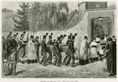 Alaikäisen hautaaminen. Lixin kaiverrus havainnollistamaan tarinaa A Through Alsacen ja Lorraine, vuonna 1887, Charles Grad, saksalainen edustaja, tour du monde 1888, ohjaaja Edouard Charton (1807-1890), Hachette, Paris. tekijältä Frederic Theodore Lix