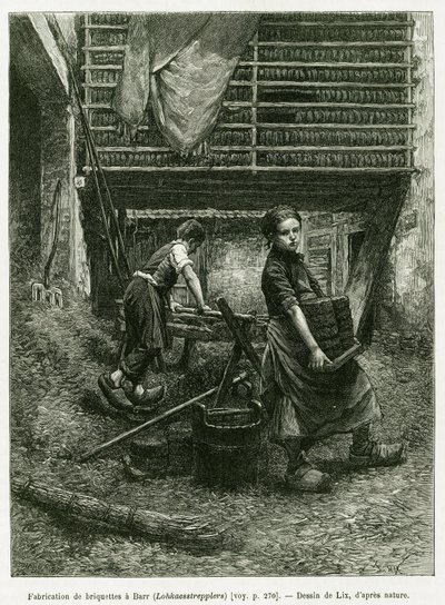 Lapsityövoimaa briketoinnissa, Barr. Lixin kaiverrus havainnollistamaan tarinaa A Through Alsacen ja Lorraine, vuonna 1887, Charles Grad, saksalainen edustaja, tour du monde 1888, ohjaaja Edouard Charton (1807-1890), Hachette, Paris. tekijältä Frederic Theodore Lix