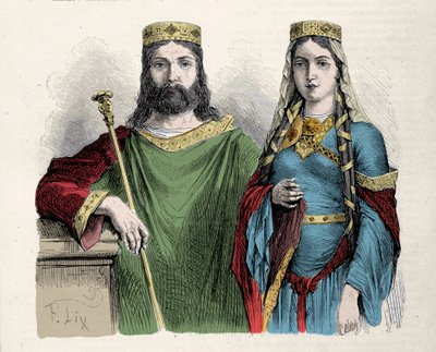 Clovis (481-511) frangien kuningas toisen vaimonsa Saint Clotilde (Clothilde) kuningattaren kanssa. Kaiverrus Lix. tekijältä Frederic Theodore Lix