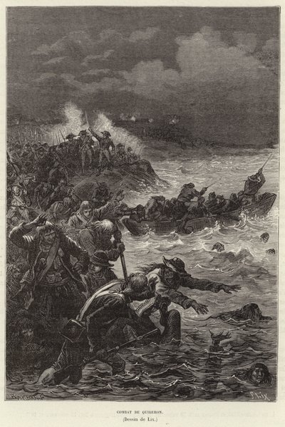Quiberonin taistelu. Chouannerien ja Vendee-kapinan kannattajat yrittävät paeta republikaanijoukkoja Quiberonissa, Ranskassa, Ranskan vallankumouksessa tekijältä Frederic Theodore Lix