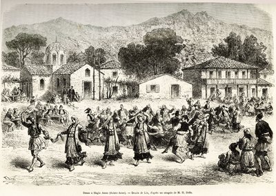 Kansantanssi kylän aukiolla Haggia Anna (Pyhä Anna). Kaiverrus Lixin piirustuksen jälkeen havainnollistamaan matkaa Kreikassa, Henri Belle, 1861-1868-1874, julkaistu "" Le tour du monde""" 1876, toimittanut Edouard Charton, Hachette painos, Paris tekijältä Frederic Theodore Lix