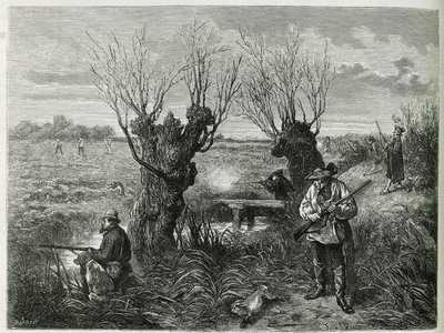 Metsästä jänistä. Kaiverrus F.Lix, havainnollistamaan tarinaa "Through Alsace and Lorraine", vuonna 1884, Charles Grad tekijältä Frederic Theodore Lix