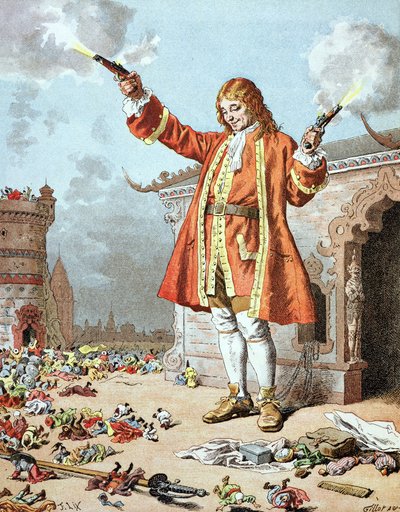 He kaikki kaatuivat taaksepäin kuin ukkosen iskemänä", kuvitus Jonathan Swiftin (1667-1745) kirjasta "Gulliverin matkat". tekijältä Frederic Theodore Lix