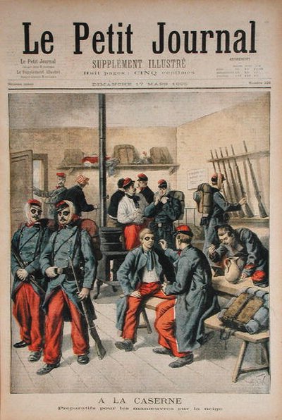 Kasarmissa, valmistautuminen manöövereihin lumessa, kuva Le Petit Journalista, 17. maaliskuuta 1895 tekijältä Frederic Theodore Lix