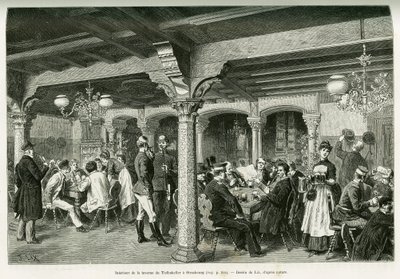Tiefenkeller-tavernan sisustus Strasbourgissa. Lixin kaiverrus havainnollistamaan tarinaa A Through Alsacen ja Lorraine, vuonna 1887, Charles Grad, saksalainen edustaja, tour du monde 1888, ohjaaja Edouard Charton (1807-1890), Hachette, Paris. tekijältä Frederic Theodore Lix